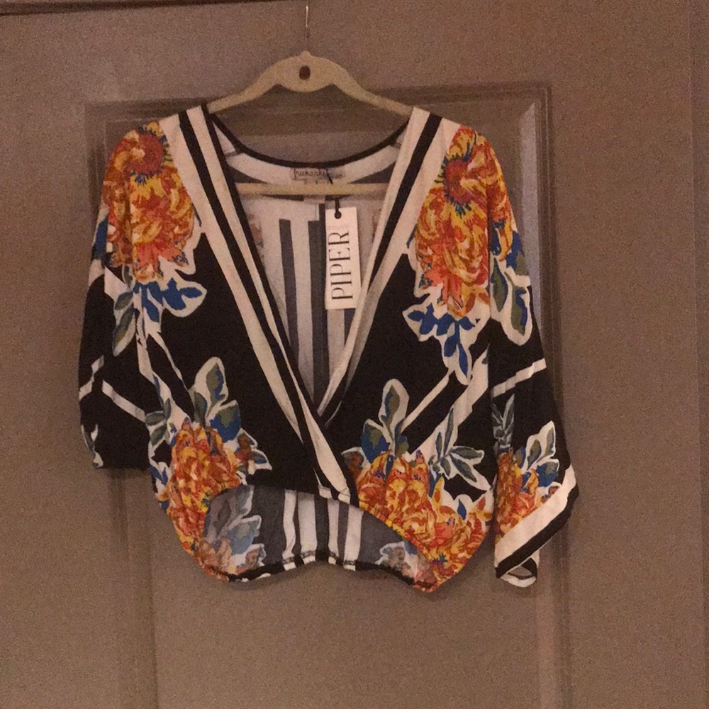 NWT Free Market Floral & Striped Deep V Top Size S
